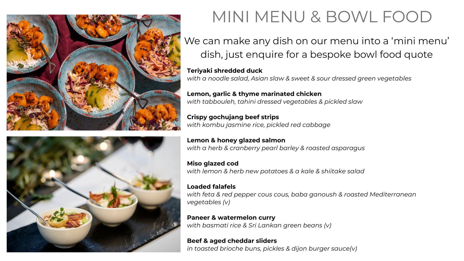 Bowl food catering for London networking events Multi-cuisine bowl food served at a London reception Modern London event catering with vibrant bowls Easy-to-serve bowl food for London corporate events Restaurant-quality bowl food catering in London Standing reception catering across London London private chef bowl food menu Visually striking bowl dishes for London events Flexible London catering with multiple cuisine options Premium bowl food service in central London